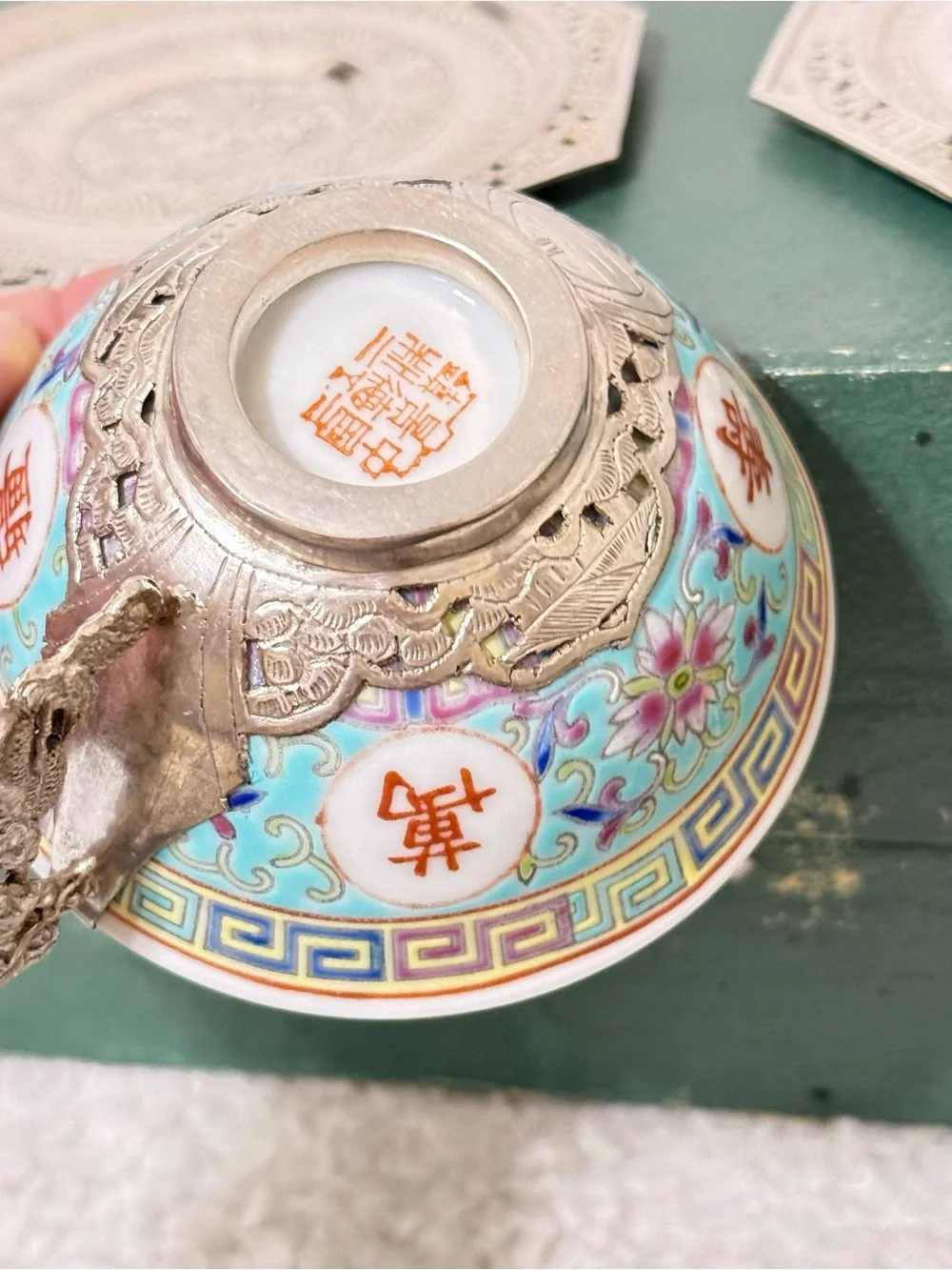 Vintage Famille Rose Tea Cup Saucer Set Pure Silver & Porcelain In Original Box